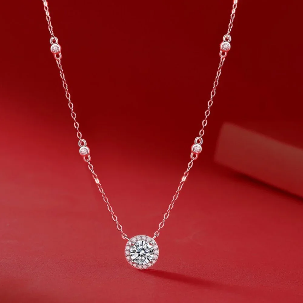 Certified 1ct. t.w. Moissanite Diamond Round Halo Chain Necklace NEW - Picture 1 of 10